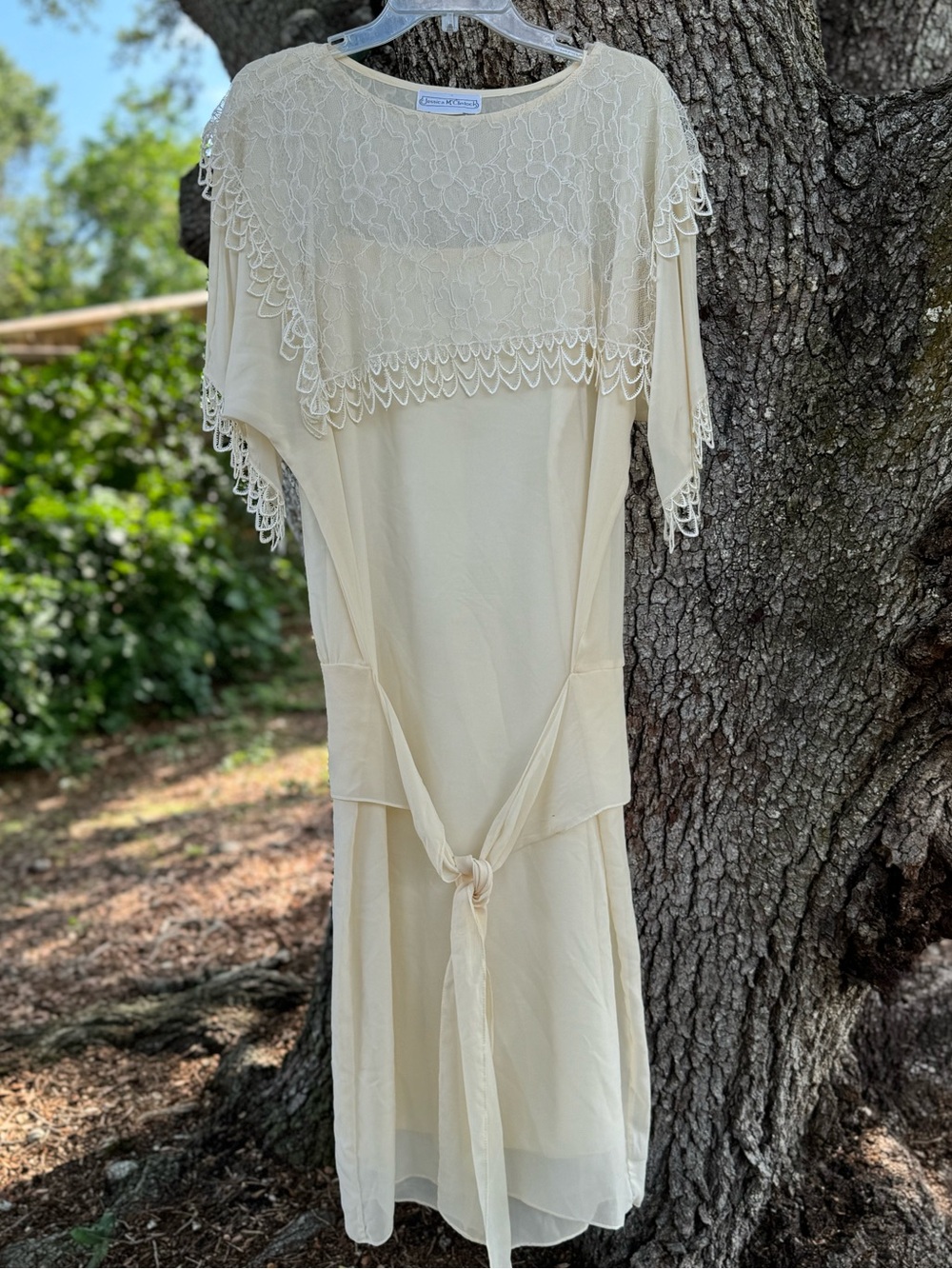 Vintage 80s RARE Jessica McClintock Silk Cream Lace Overlay Maxi Dress.Size L